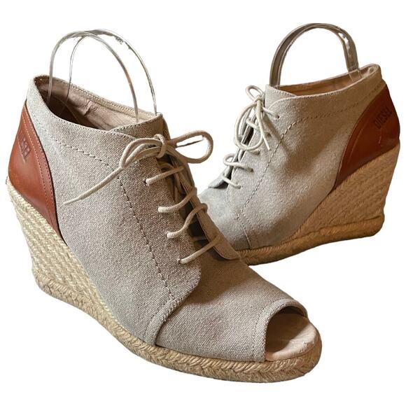 Diesel Taupe Gray Peep Toe Lace Up Wedge Heels Size EU 40 | US 7.5 - Picture 1 of 9